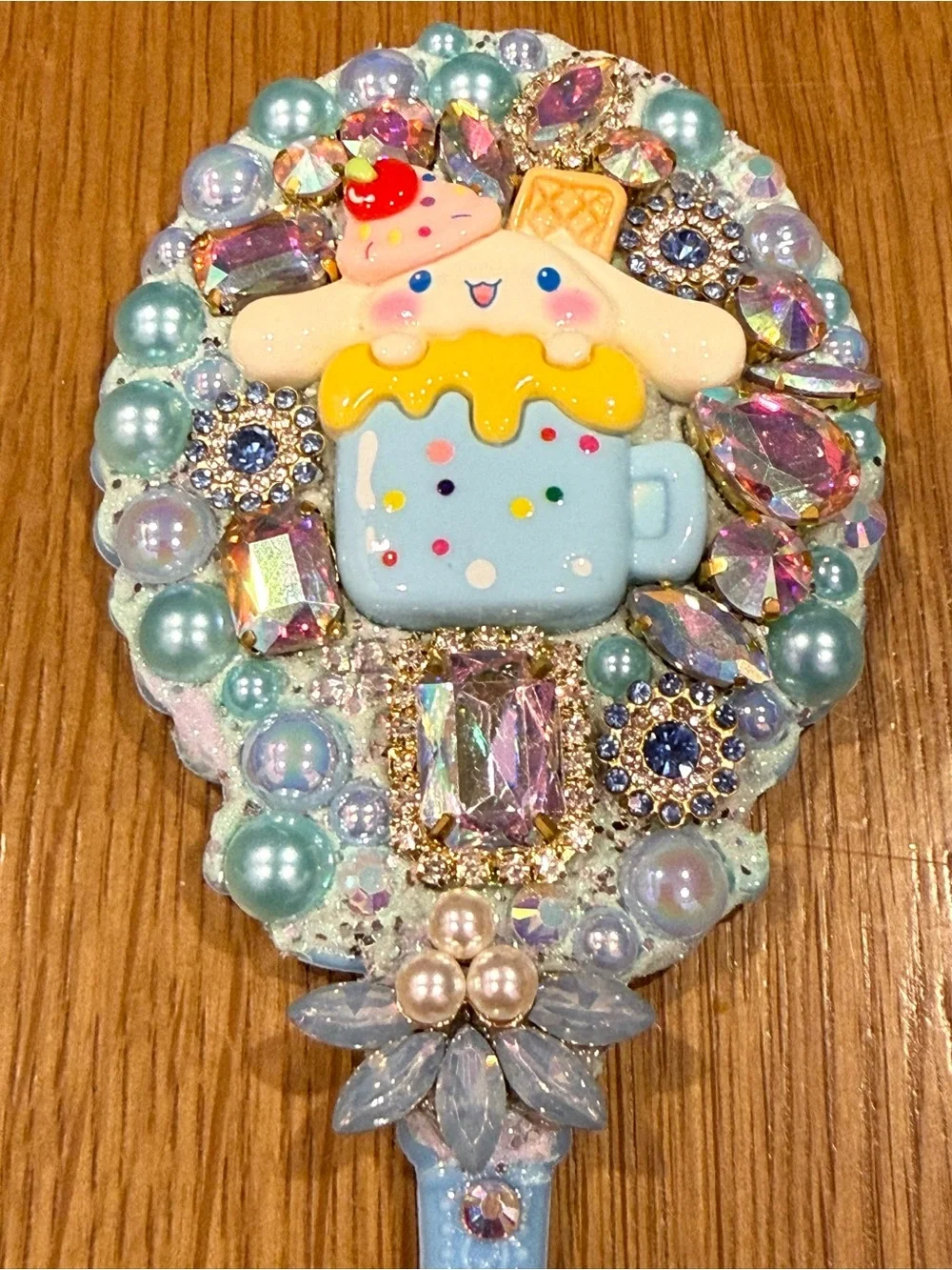 Kawaii Blue Jeweled Hand Mirror with Cupcake Cinnamoroll